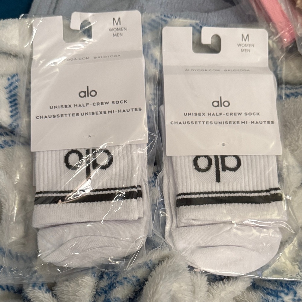 ALO Yoga White Half-Crew Athletic Socks with Black Stripe
